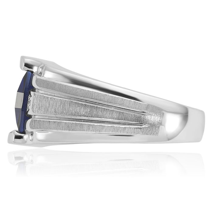14K Solid White Gold Mens Lab Blue Sapphire Diamond Ring