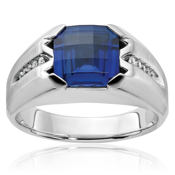 14K Solid White Gold Mens Lab Blue Sapphire Diamond Statement Ring