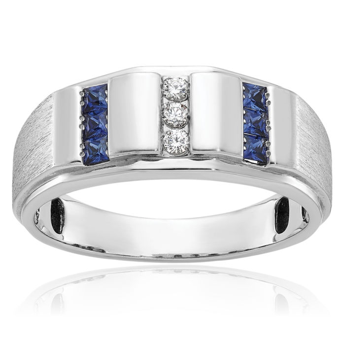 14K Solid White Gold Mens Lab Blue Sapphire Diamond Statement Ring