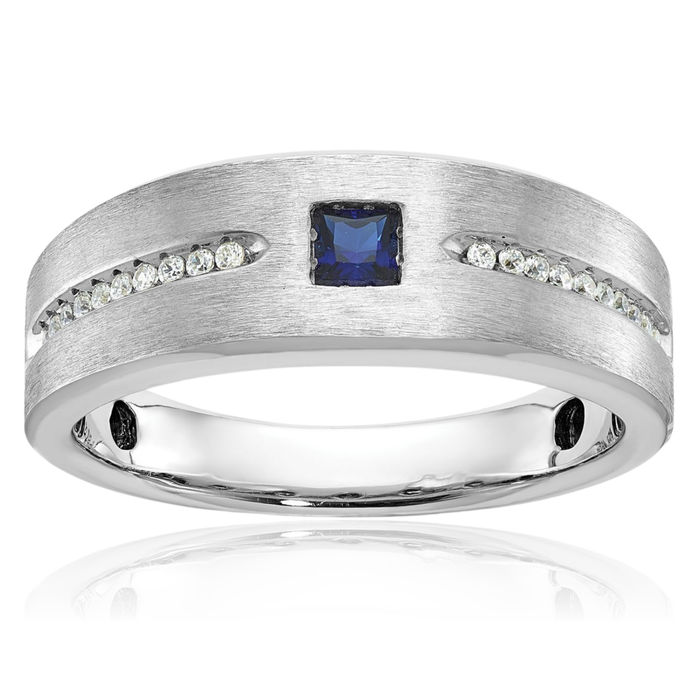 14K Solid White Gold Mens Lab Blue Sapphire Diamond Statement Ring