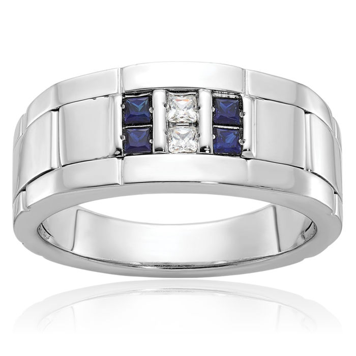 14K Solid White Gold Mens Lab Blue Sapphire Diamond Statement Ring