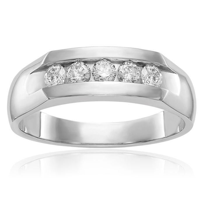 14K Solid White Gold Mens Lab Diamond 5 Stone Channel Wedding Band Ring