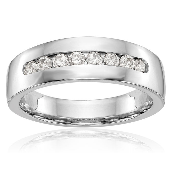 14K Solid White Gold Mens Lab Diamond Channel Wedding Band Ring