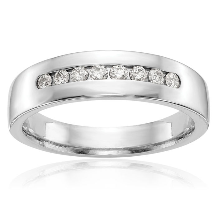 14K Solid White Gold Mens Lab Diamond Channel Wedding Band Ring