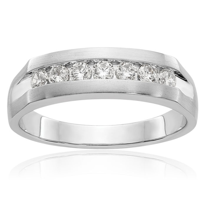 14K Solid White Gold Mens Lab Diamond Channel Wedding Band Ring