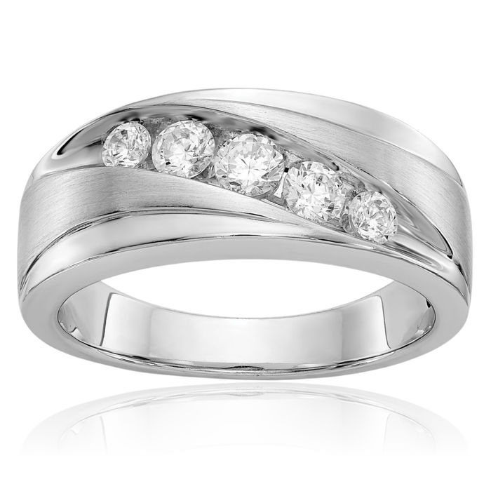 14K Solid White Gold Mens Lab Diamond Wedding Band Ring