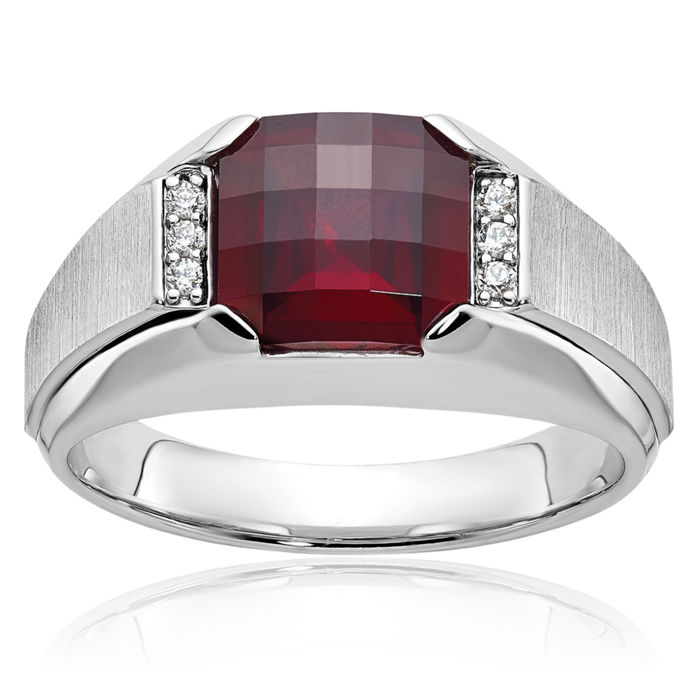 14K Solid White Gold Mens Lab Red Garnet Diamond Ring