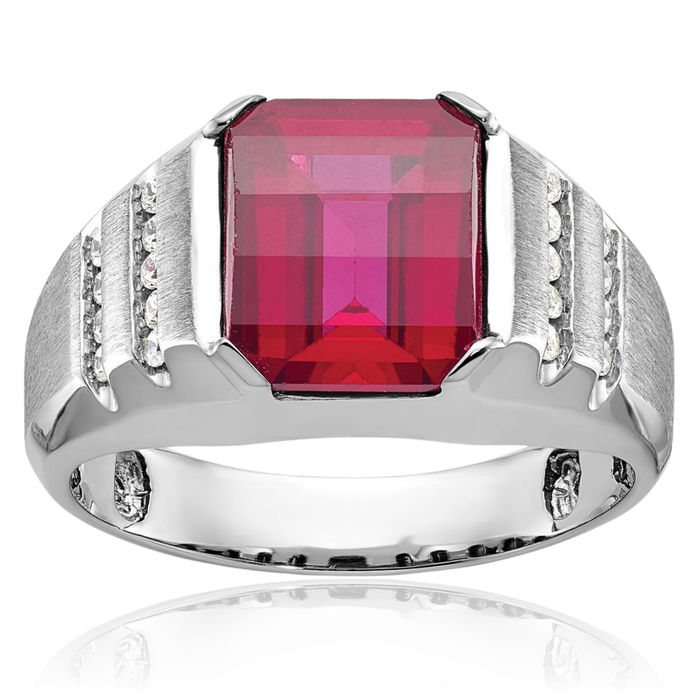 14K Solid White Gold Mens Lab Red Ruby Diamond Statement Ring