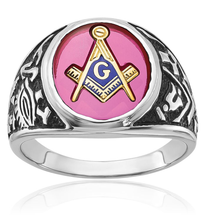 14K Solid White Gold Mens Vintage Lab Red Ruby Master Mason Signet Freemason Masonic Ring