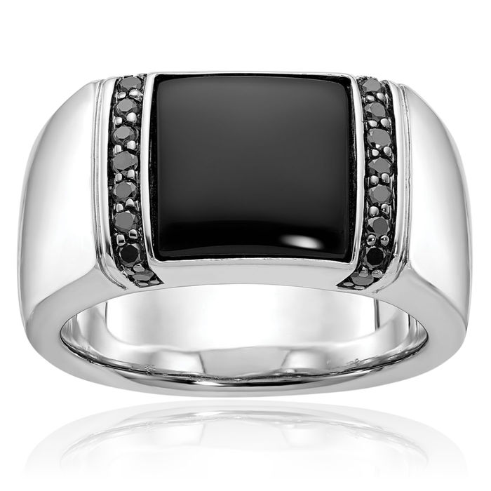 14K Solid White Gold Mens Onyx Black Diamond Ring