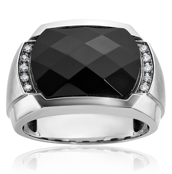 14K Solid White Gold Mens Black Onyx Diamond Ring