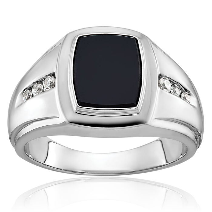 14K Solid White Gold Mens Black Onyx Diamond Ring