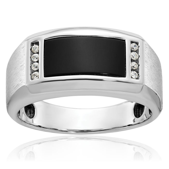 14K Solid White Gold Mens Black Onyx Diamond Ring