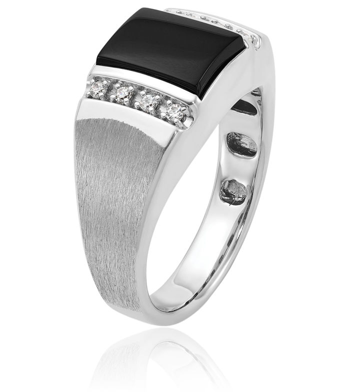 14K Solid White Gold Mens Black Onyx Diamond Ring
