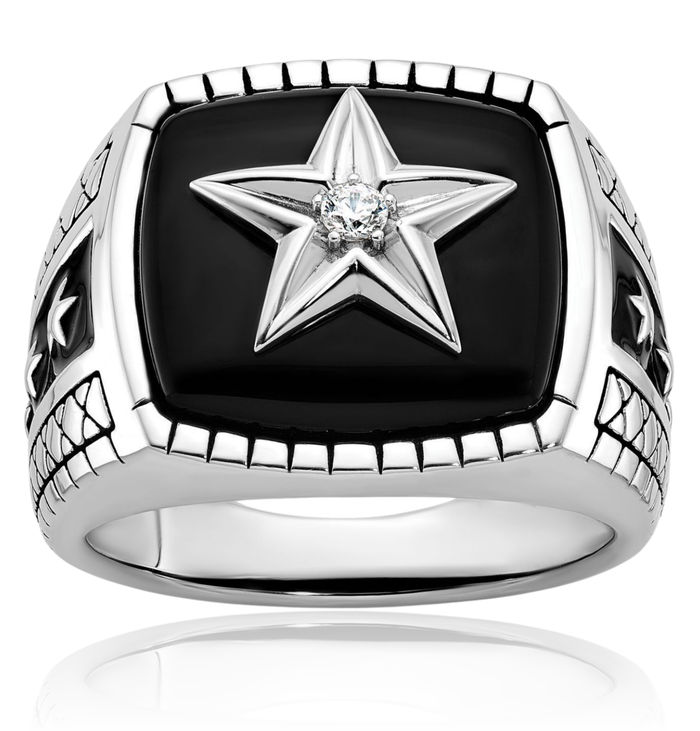 14K Solid White Gold Mens Vintage Black Onyx Diamond Star Ring
