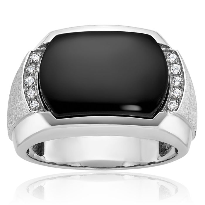 14K Solid White Gold Mens Black Onyx Diamond Statement Ring