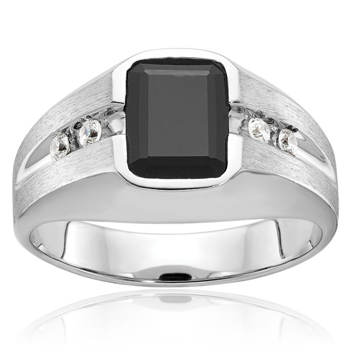 14K Solid White Gold Mens Black Onyx Diamond Statement Ring