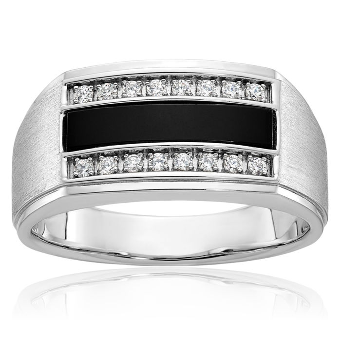 14K Solid White Gold Mens Black Onyx Diamond Wedding Band Statement Ring