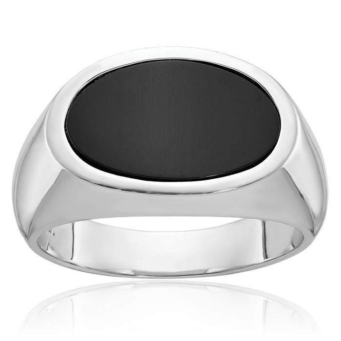 14K Solid White Gold Mens Oval Black Onyx Ring