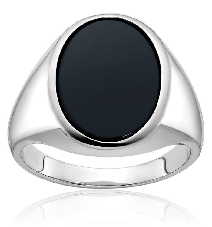 14K Solid White Gold Mens Oval Black Onyx Statement Ring