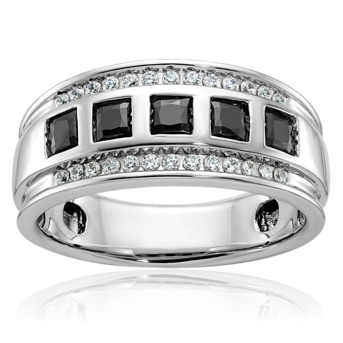 14K Solid White Gold Mens Square Black 1 Diamond 5 Stone Wedding Band Statement Ring