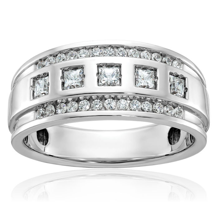 14K Solid White Gold Mens Square 1 Diamond 5 Stone Wedding Band Statement Ring