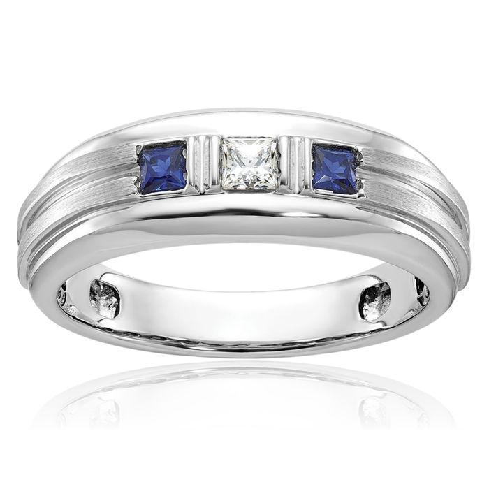 14K Solid White Gold Mens Square Diamond Lab Blue Sapphire 3 Stone Wedding Band Ring