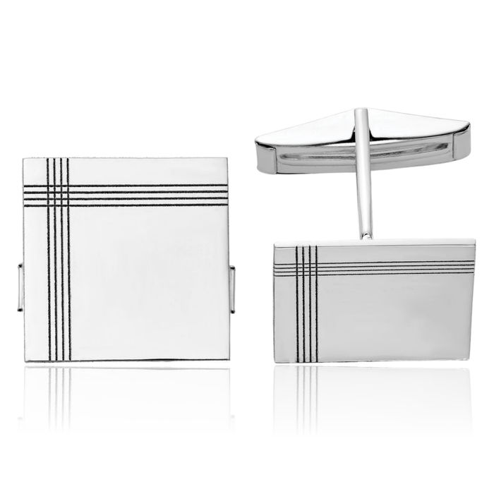 14K Solid White Gold Mens Square Line Cuff Links