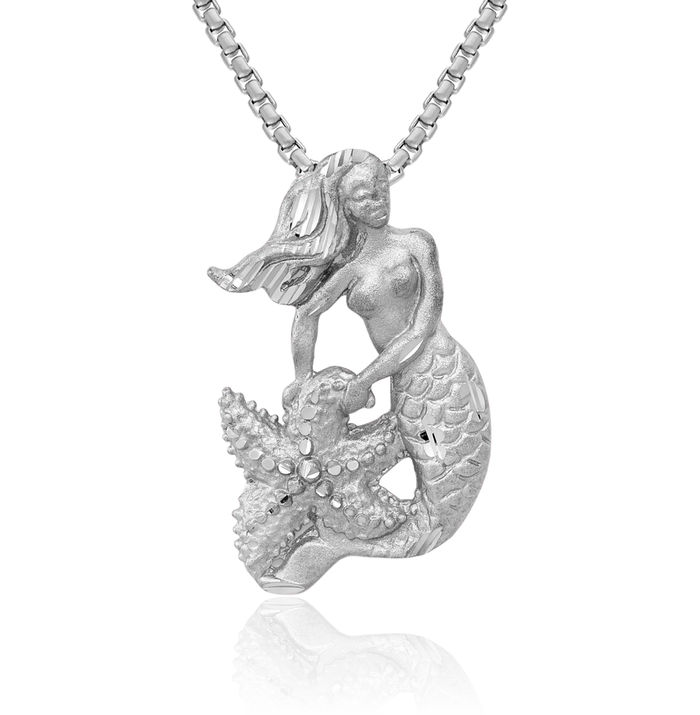 14K Solid White Gold Mermaid Slide Necklace Chain Pendant Charm