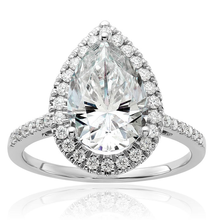 14K Solid White Gold Moissanite Pear Halo Round Engagement Ring