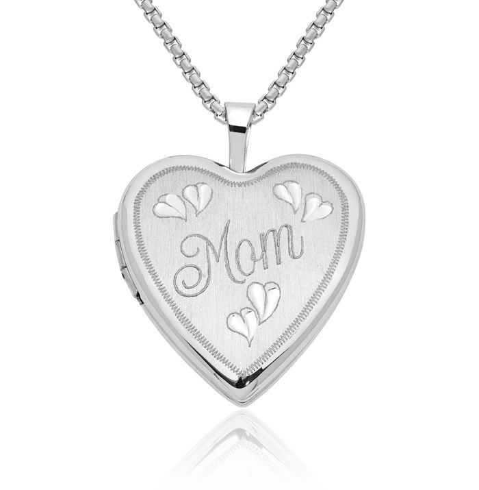 14K Solid White Gold Mom Heart Locket Necklace Mama Charm Mother Pendant