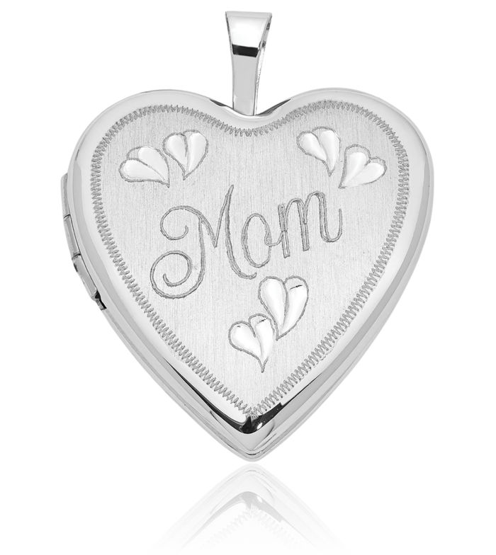 14K Solid White Gold Mom Heart Locket Necklace Mama Charm Mother Pendant