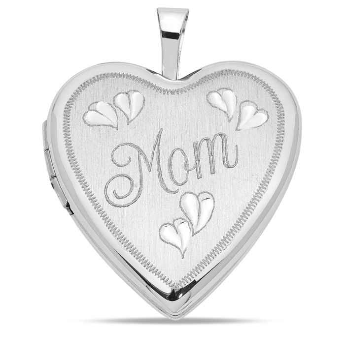 14K Solid White Gold Mom Heart Locket Necklace Mama Charm Mother Pendant