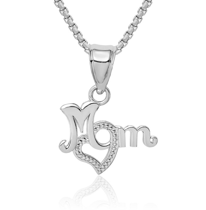 14K Solid White Gold Mom Heart Necklace Mama Charm Mother Pendant