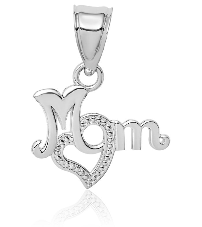 14K Solid White Gold Mom Heart Necklace Mama Charm Mother Pendant