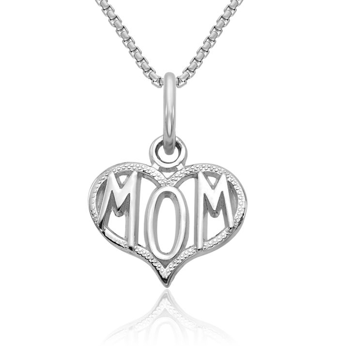 14K Solid White Gold Mom Heart Necklace Mama Charm Mother Pendant