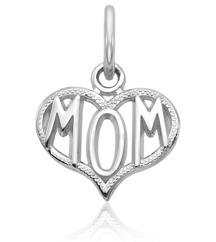 14K Solid White Gold Mom Heart Necklace Mama Charm Mother Pendant