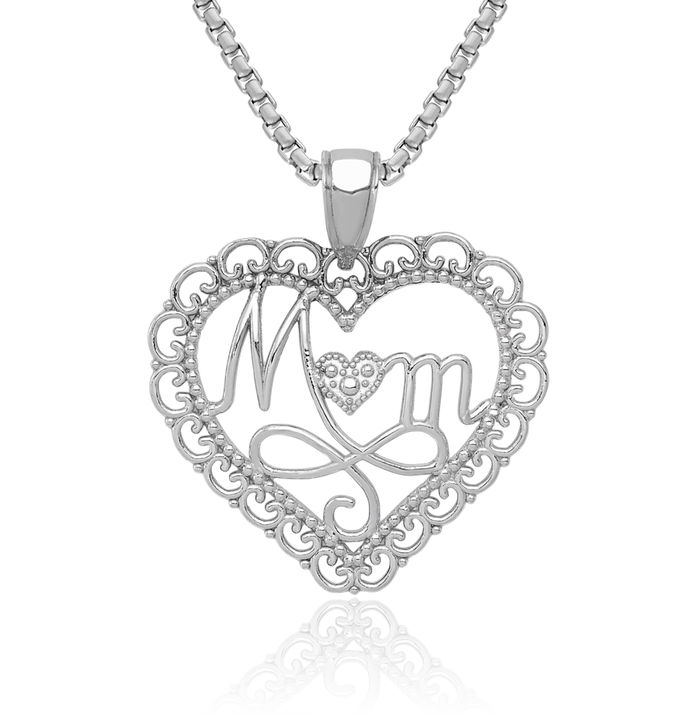 14K Solid White Gold Mom Scallop Heart Necklace Mama Charm Mother Pendant