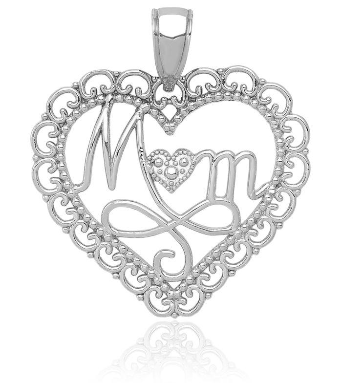 14K Solid White Gold Mom Scallop Heart Necklace Mama Charm Mother Pendant