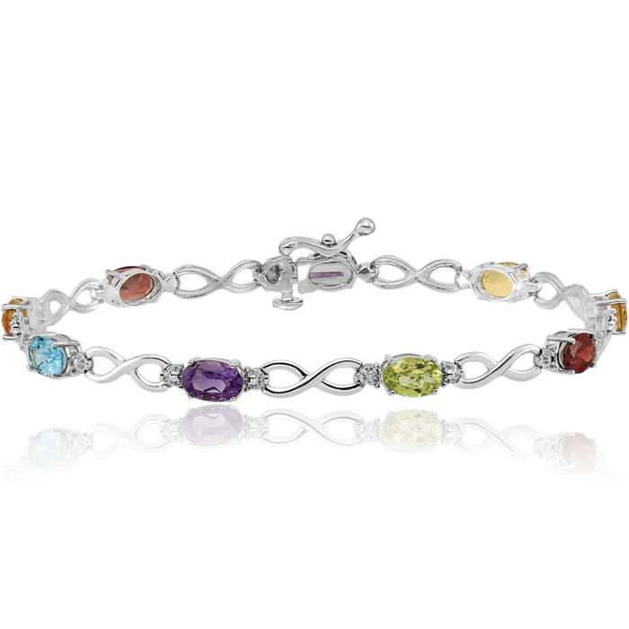 14K Solid White Gold Rainbow Multi-color Gemstone Diamond Infinity Twisted Love Knot Symbol Chain Bracelet