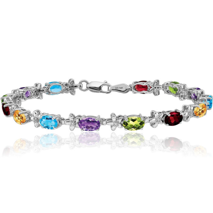 14K Solid White Gold Rainbow Multi-color Flower Gemstone Diamond Chain Tennis Charm Bracelet