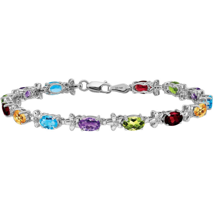 14K Solid White Gold Rainbow Multi-color Flower Gemstone Diamond Chain Tennis Charm Bracelet