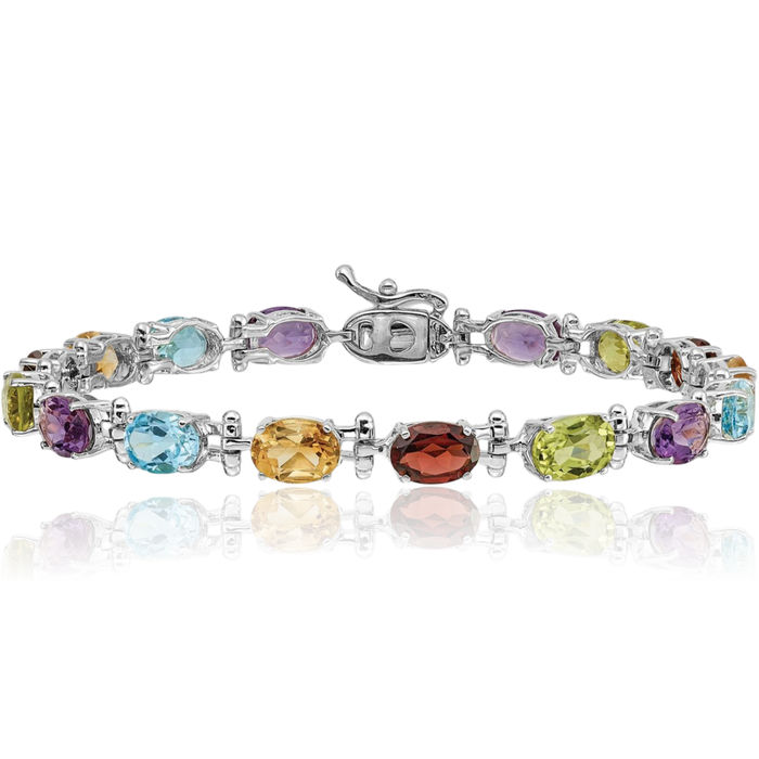 14K Solid White Gold Rainbow Multi-color Gemstone Tennis Bracelet