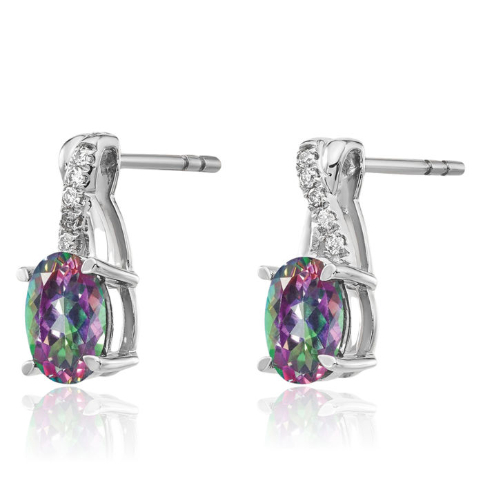 14K Solid White Gold Mystic Fire Topaz Diamond Drop Dangle Earrings Gemstone Post Push Back