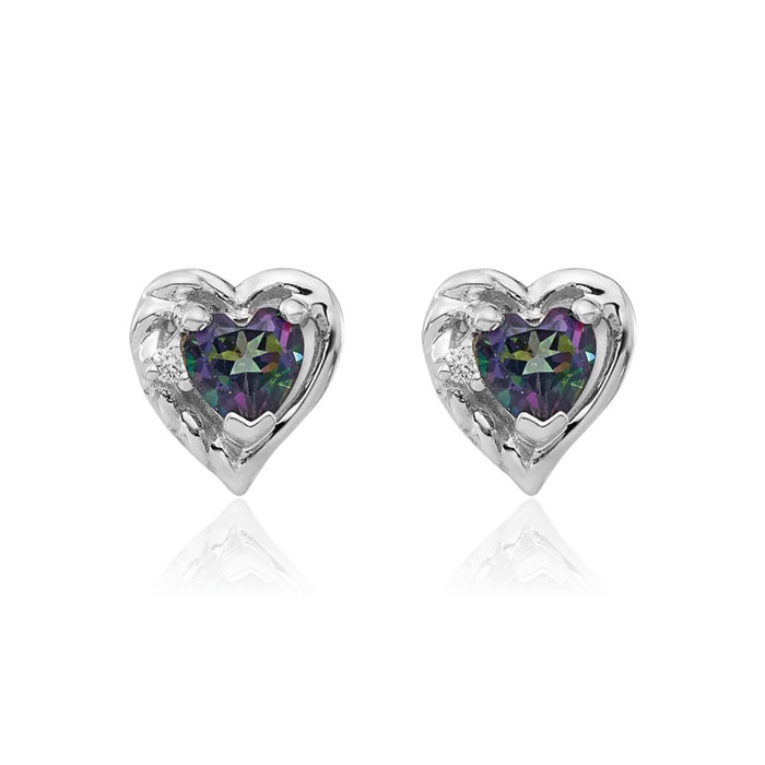 14K Solid White Gold Mystic Fire Topaz Diamond Heart Stud Earrings