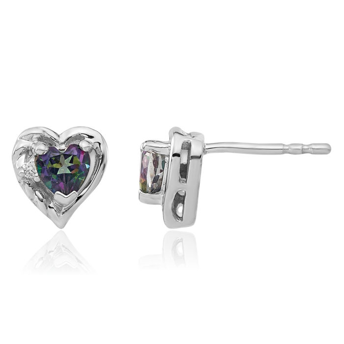 14K Solid White Gold Mystic Fire Topaz Diamond Heart Stud Earrings