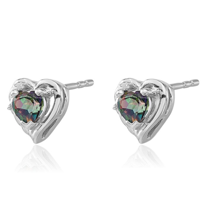 14K Solid White Gold Mystic Fire Topaz Diamond Heart Stud Earrings