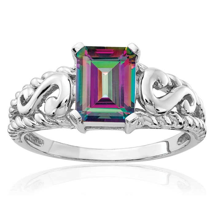 14K Solid White Gold Mystic Topaz Ring Gemstone Band