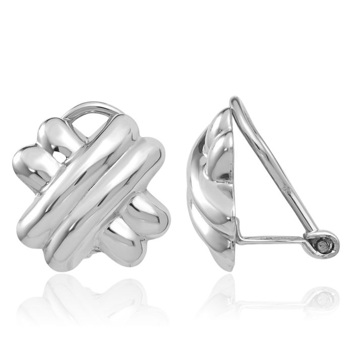 14K Solid White Gold Non Pierced Clip On X-shaped Crisscross Omega Back Post Stud Earrings