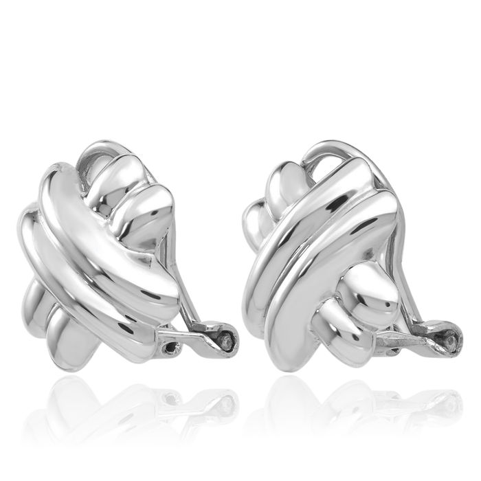 14K Solid White Gold Non Pierced Clip On X-shaped Crisscross Omega Back Post Stud Earrings